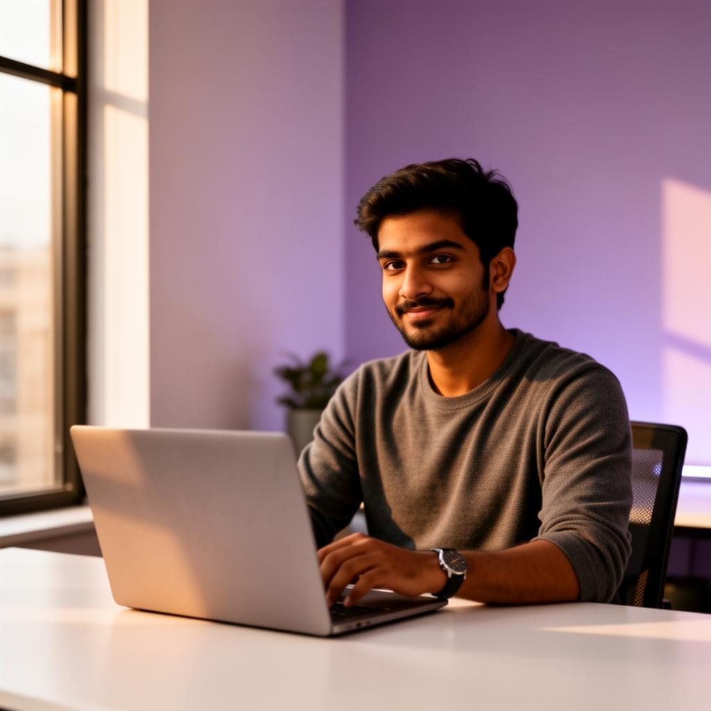 SaaS founder working on laptop in a modern office with violet light