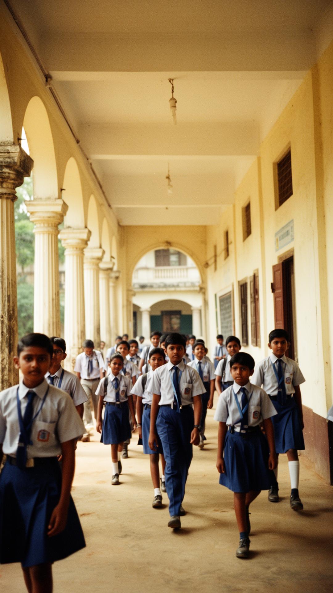 Students walking through a sunlit school corridor in Tamil Nadu