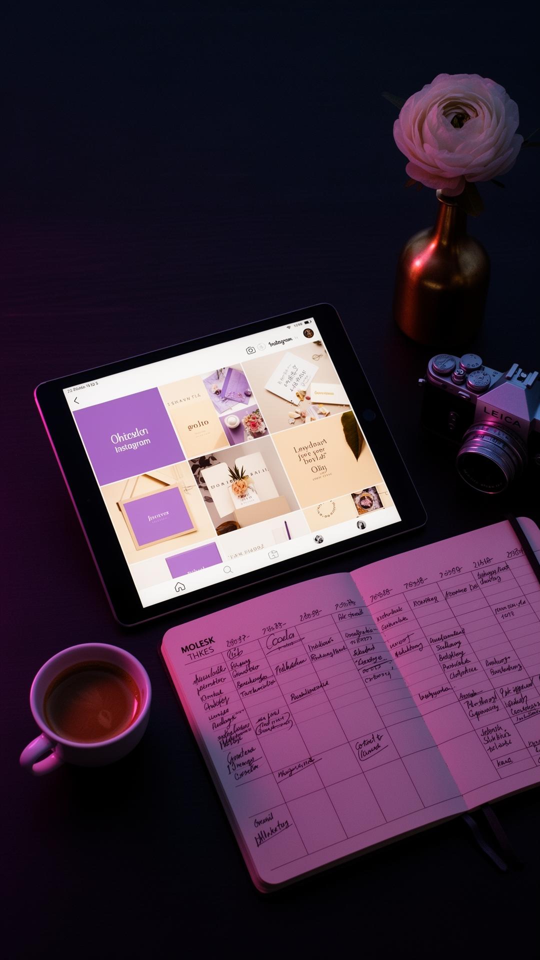 Social media creative director's desk at dusk with iPad showing a cohesive Instagram grid, content calendar notebook, and Leica camera