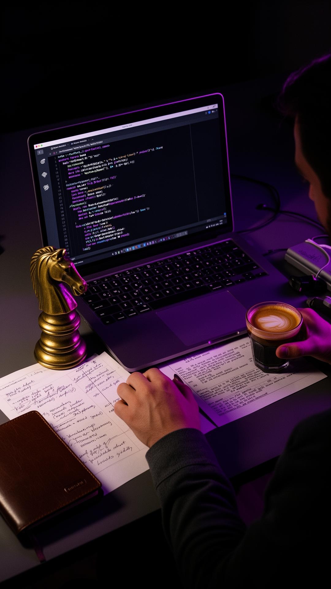 Senior engineer's desk at night with laptop showing React code in violet syntax, mechanical keyboard, brass chess knight, and handwritten notes
