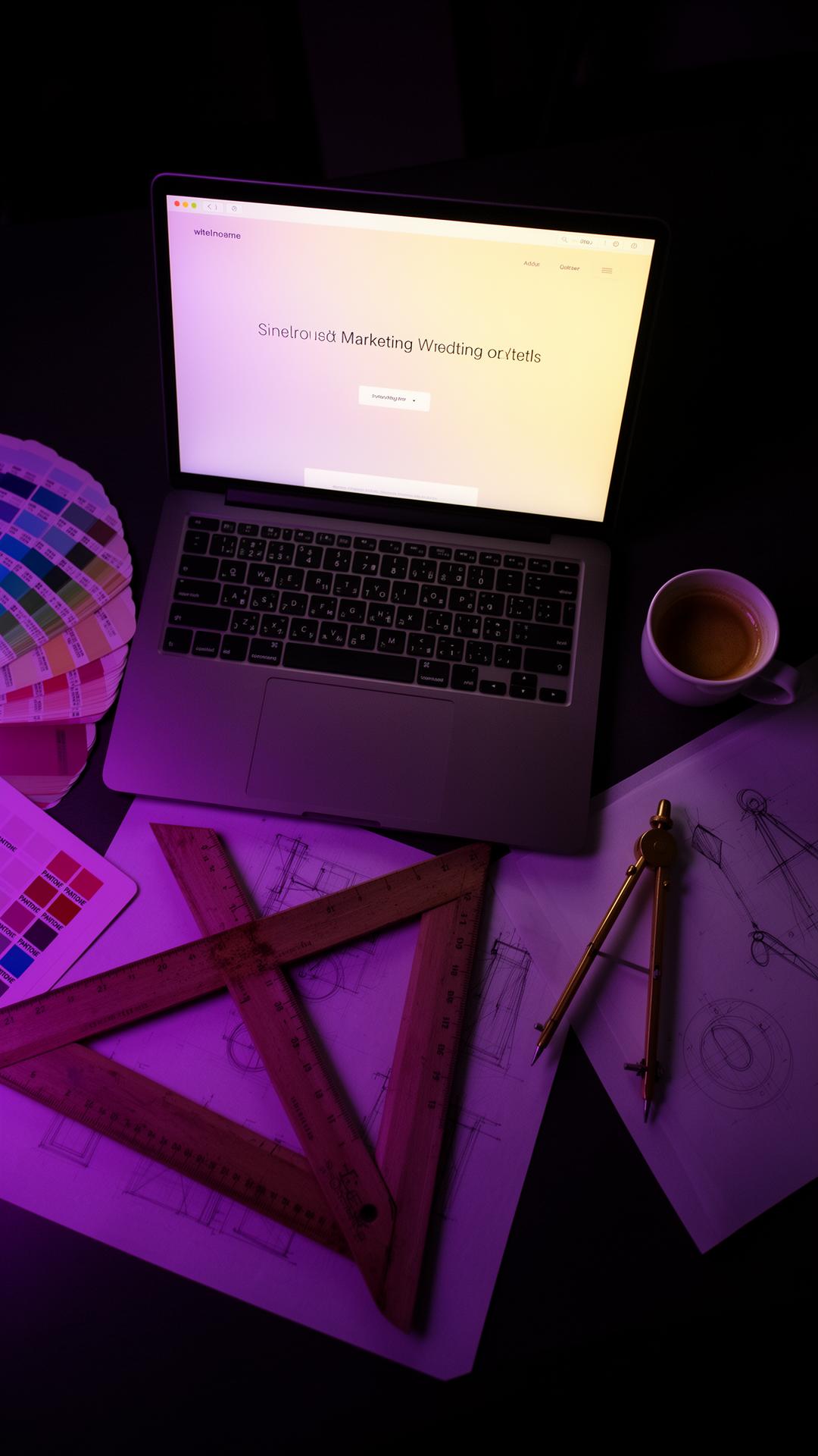Web designer's desk at night with laptop showing a minimal marketing site, Pantone fan deck, brass compass, and design sketches under violet light