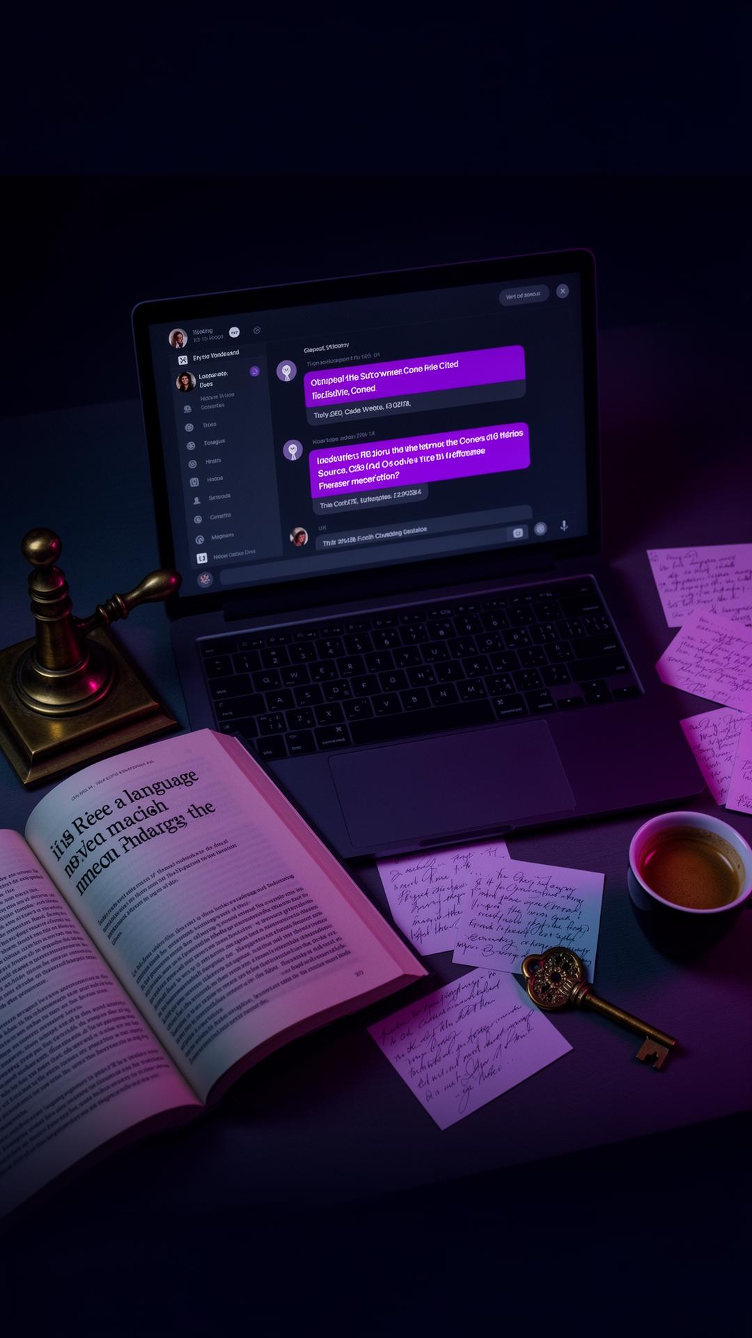 Researcher's desk at night with a laptop showing an AI chat with cited sources, an open language book, and handwritten index cards under violet light