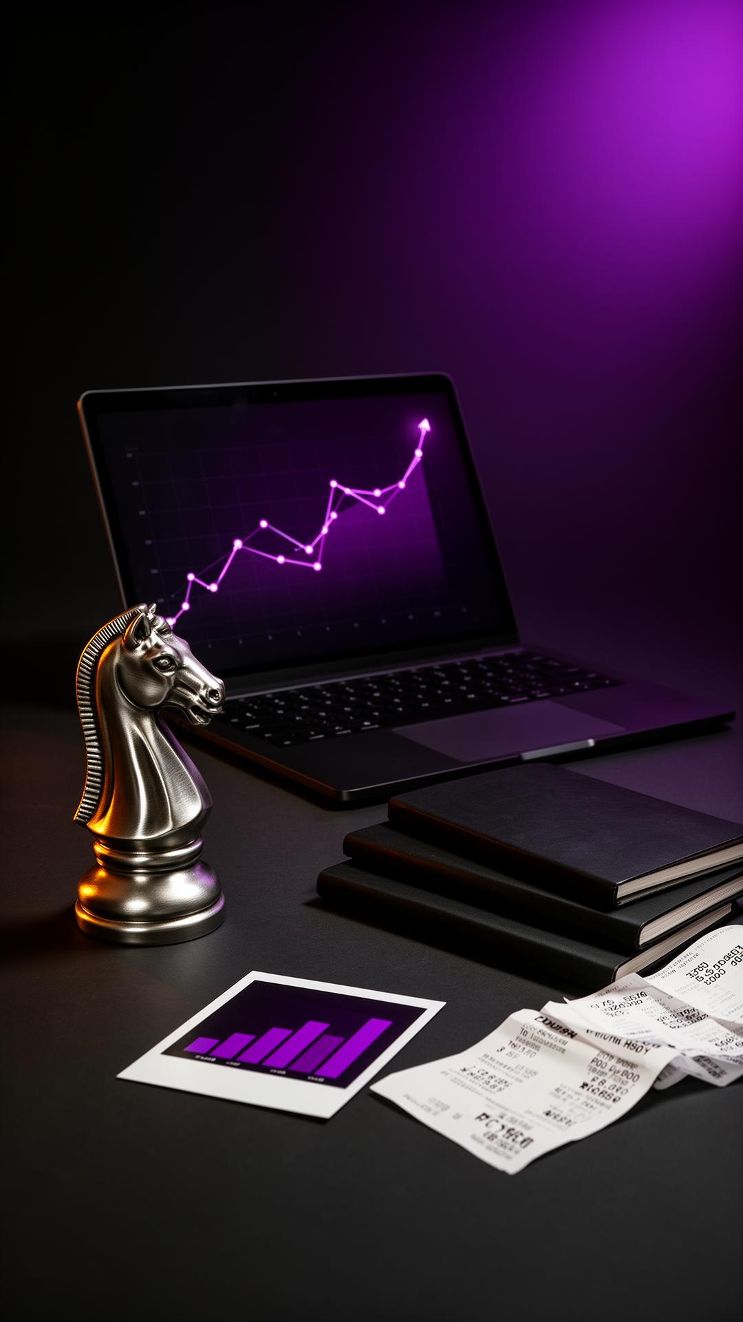 Performance marketing accountability: laptop with rising violet trendline, chess knight, receipts