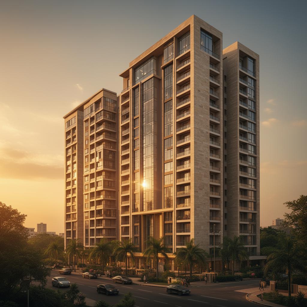 Luxury South Indian residential high-rise apartment exterior at golden hour