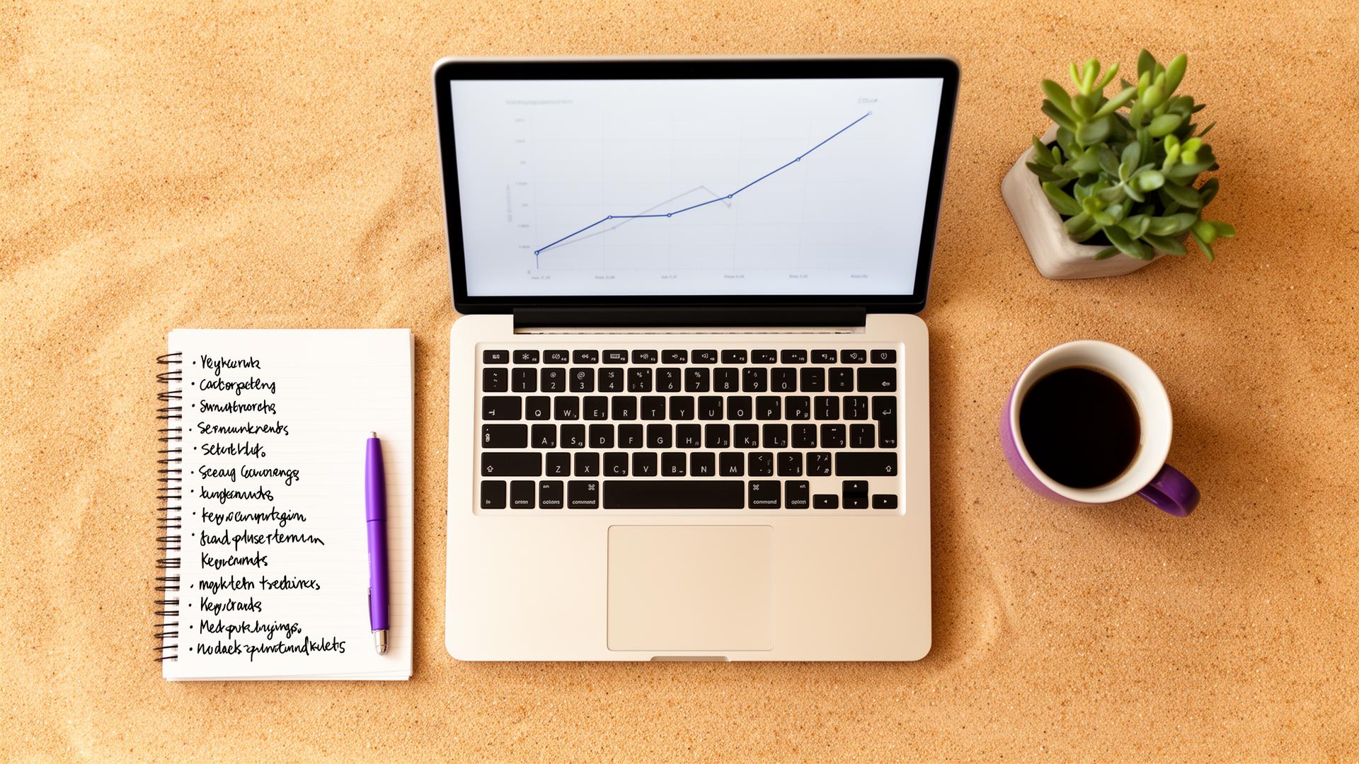 Editorial flatlay with notebook, pen, and reference books on a warm desk